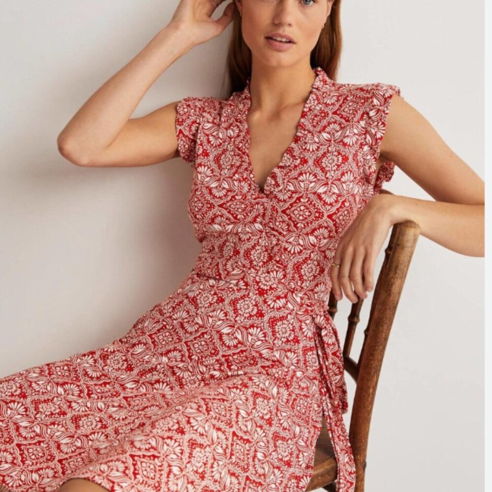 Boden Sz 6 Faux Wrap Jersey Dress Red and White